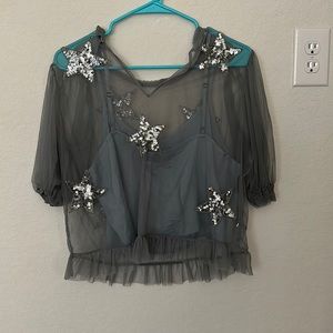 Show Me Your Mumu Grey/Blue Sequin Star Overlay Top